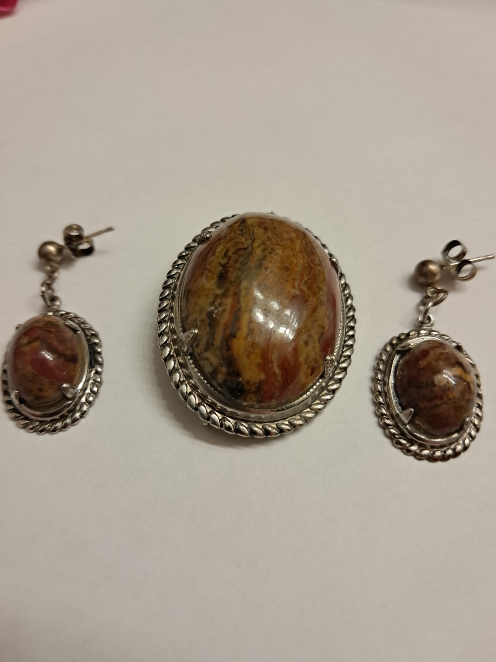 Handcrafted Multicolor Jasper Stone Pin and Earrings Set